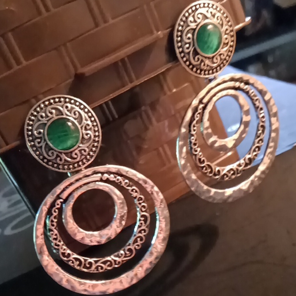 Paparazzi Silver and Green Double-Circle Earrings - Picture 3 of 5